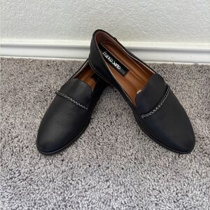 Franco Sarto Black Leather Loafers with Chain Detail